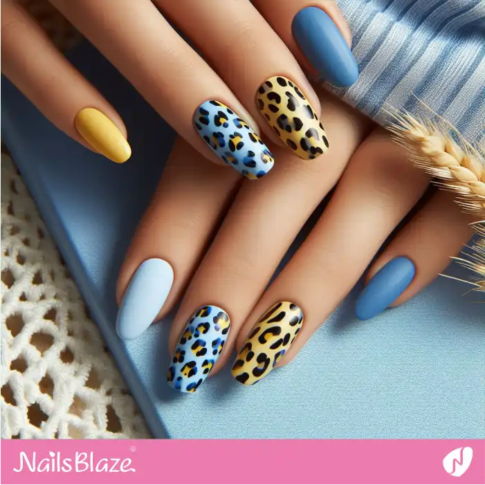 Blue and Yellow Leopard Nail Design | Animal Print Nails - NB2624